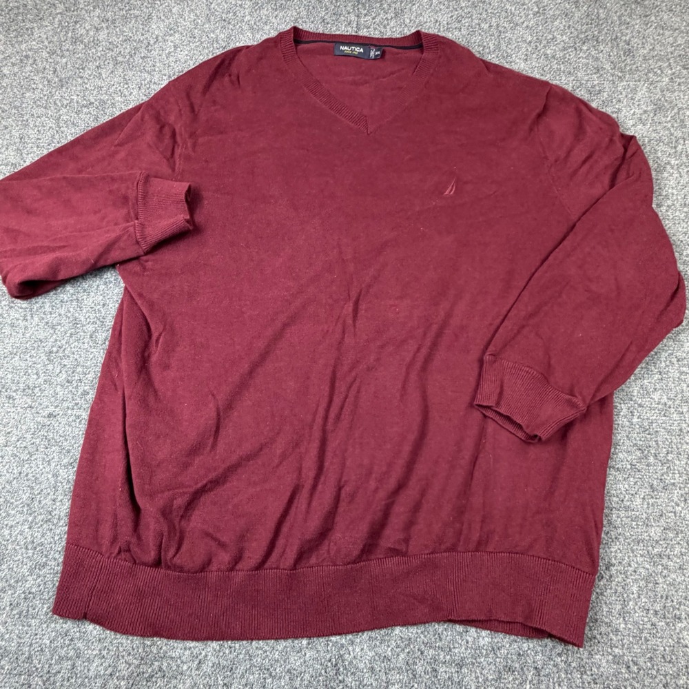Nautica Mens XXL Burgundy V-Neck 100% Cotton Knit Sweater Maroon ZLS-69 - Picture 2 of 7